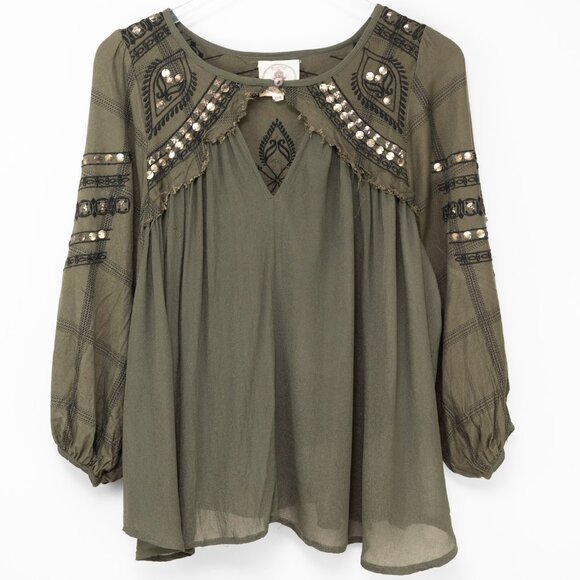 Muche Muchette Tops - Muche et Muchette Embroidered Sequin Blouse Green Black One Size Fits Most